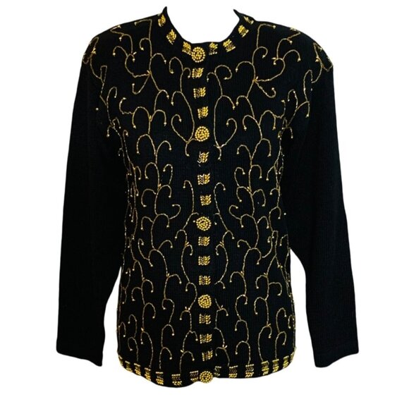 Victoria Harbour Petite PM Black Cardigan Sweater Gold Bead Embroidery Buttons - Picture 1 of 9